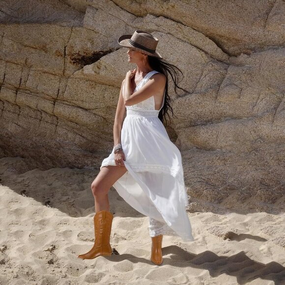 Women's Tan Pointy Toe Cowgirl Chunky Heel Boot Mid Calf Ladies Western Boots - Picture 2 of 5